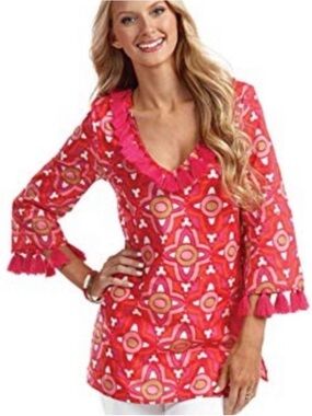 Mud Pie Pink Geometric Ruffle Cotton Peasant Tunic/Swim Cover Up Size M(8-10)